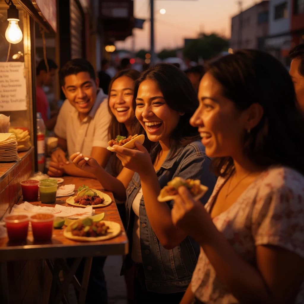 Friends laugh over street tacos at dusk, candid, shallow depth.