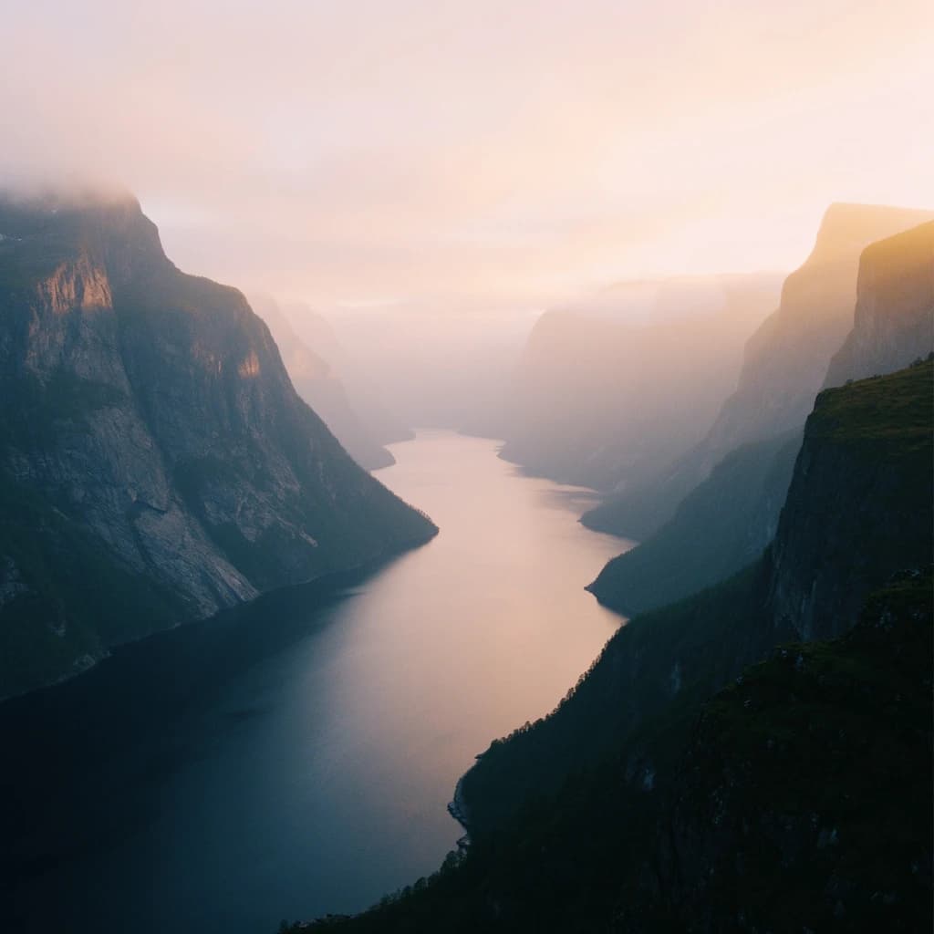 Frame a foggy fjord at sunrise, cliffs looming.