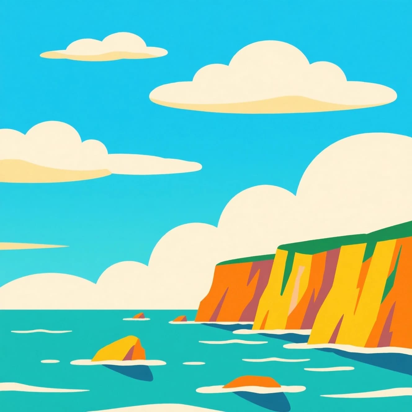 Bright cliffs over teal sea, fat clouds, bold outlines and flat shading.