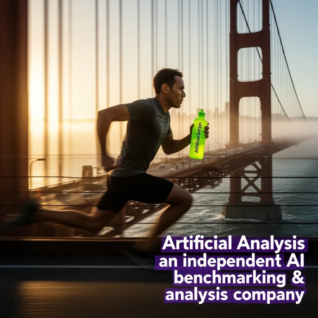 A runner dashes across the Golden Gate Bridge at dawn, sunlight streaming between cables. In their hand, they carry a neon-green sports drink with the brand name Artificial Analysis splashed boldly across the bottle. Motion blur emphasizes speed, while crisp purple sans serif typography overlays the bottom right of the scene with the tagline: Artificial Analysis is an independent AI benchmarking & analysis company