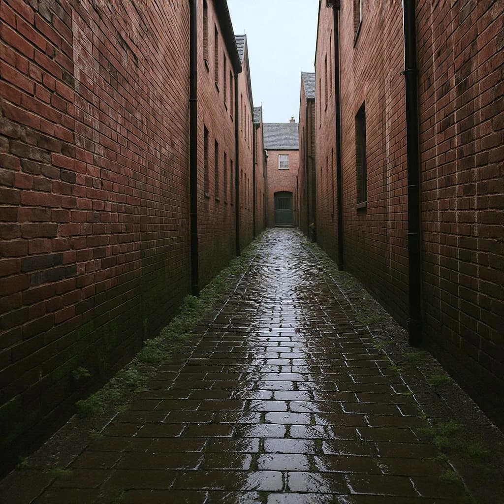 Show a narrow brick alley with wet cobblestones.