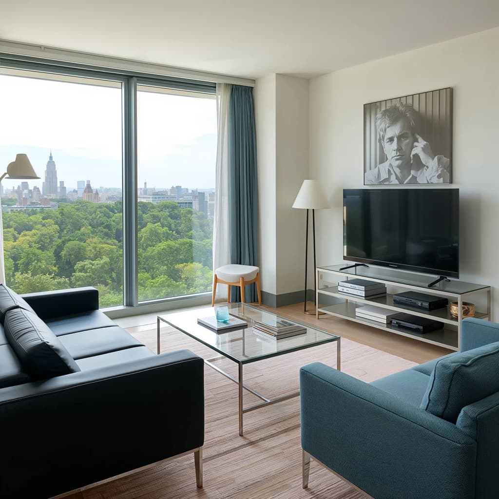 My apartment overlooks Central Park. It’s very luxurious, very expensive, and the furniture is minimal — a black leather couch, a glass coffee table with chrome legs, an Arne Jacobsen floor lamp. A big-screen television set rests on a steel shelving unit. A David Onica painting hangs above the couch. There’s a stainless steel and glass cocktail table. A powder-blue sofa. A thirty-inch digital TV.