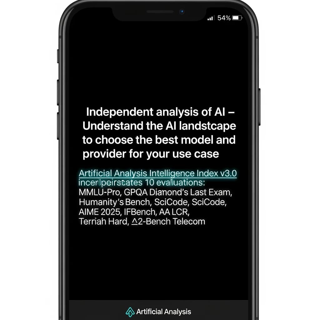 On a black smartphone UI with rounded corners, display a centered text block in white San Francisco font, 16pt: “Independent analysis of AI - Understand the AI landscape to choose the best model and provider for your use case.” Below, in neon cyan, monospace font, smaller size: “Artificial Analysis Intelligence Index v3.0 incorporates 10 evaluations: MMLU-Pro, GPQA Diamond, Humanity's Last Exam, LiveCodeBench, SciCode, AIME 2025, IFBench, AA-LCR, Terminal-Bench Hard, 𝜏²-Bench Telecom.” The second block scrolls horizontally as a ticker. The battery icon in the status bar shows 54%. The Artificial Analysis logo appears faintly, embossed into the bottom navigation bar.