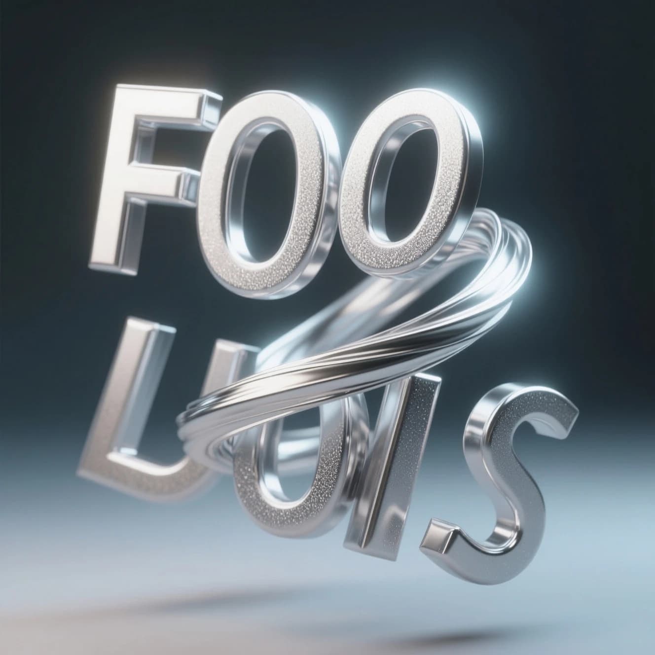 Render chrome 3D letters twisting in midair, soft glow, a bit of grain.