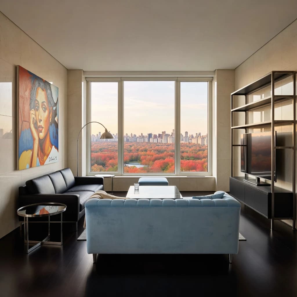 My apartment overlooks Central Park. It’s very luxurious, very expensive, and the furniture is minimal — a black leather couch, a glass coffee table with chrome legs, an Arne Jacobsen floor lamp. A big-screen television set rests on a steel shelving unit. A David Onica painting hangs above the couch. There’s a stainless steel and glass cocktail table. A powder-blue sofa. A thirty-inch digital TV.