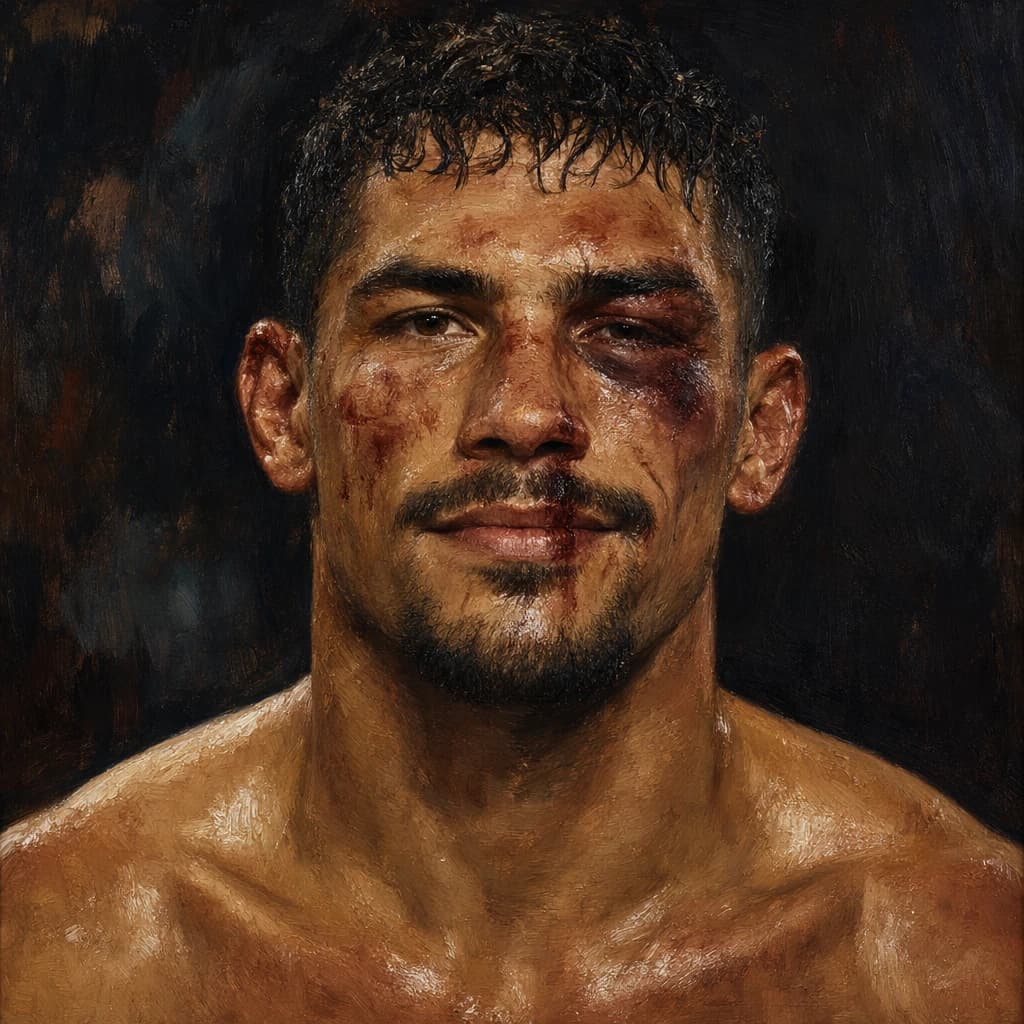 Paint a bruised boxer smiling, serious expression.