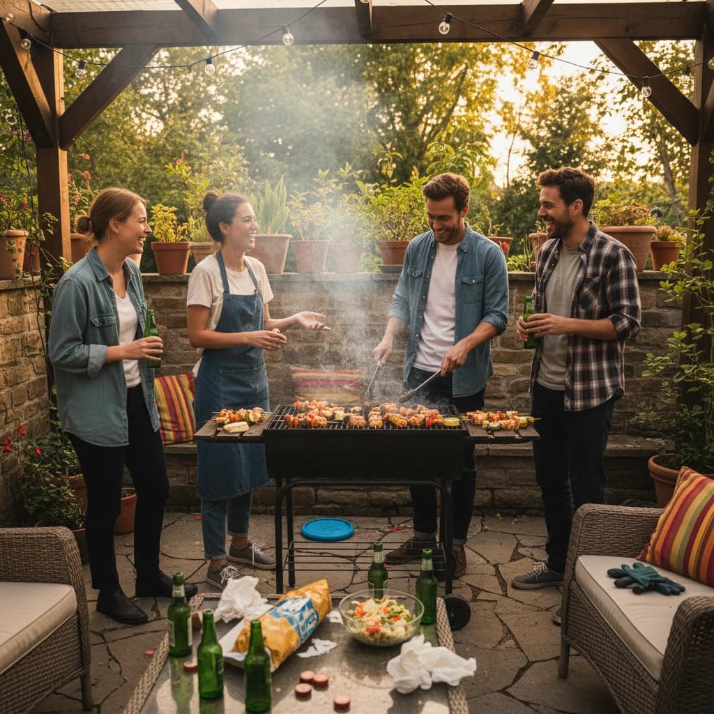 Friends grill skewers on a slightly messy patio.