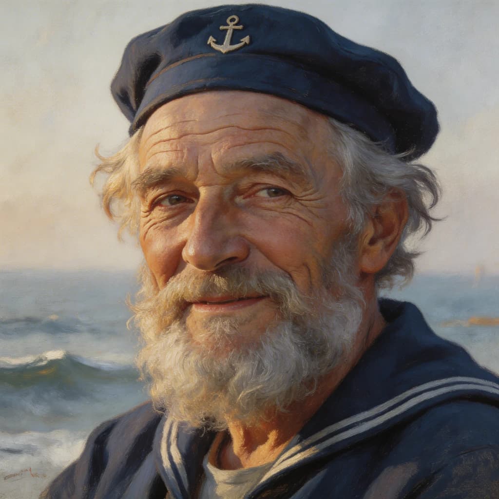 Oil on canvas portrait of an elderly sailor, weathered face, soft light.