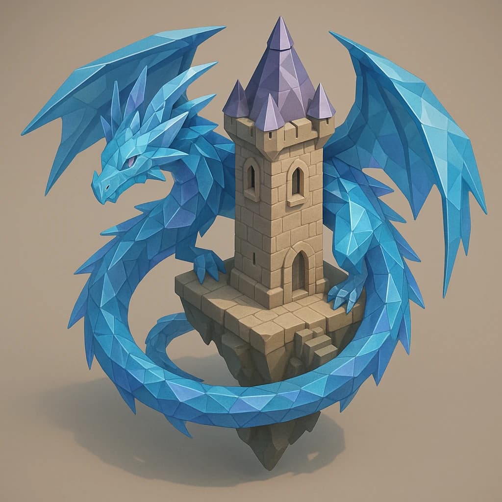 Render an isometric 3D crystal dragon circling a floating tower.