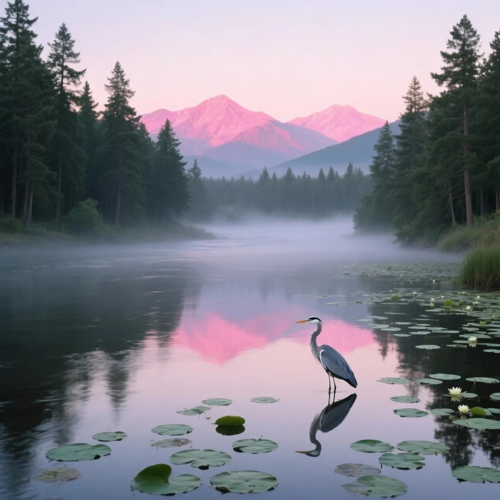 With pre-dawn mist along a cedar forest river and glassy water dotted with lily pads, distant mountains blush pink, and a heron stands still like it forgot what to do next.