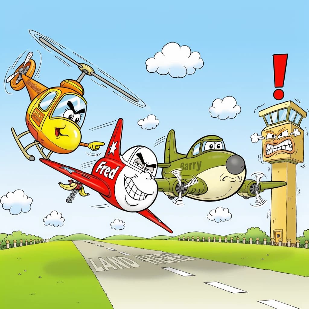 Almost at the runway, Fred the Fighter Jet is racing with Barry the Bomber to see who lands first. Fred has a mischievous trick up his sleeve but Hermione the Helicopter is going to stop him before he gets the chance. The control tower is very angry and has a big exclamation mark. Hand drawn cel look