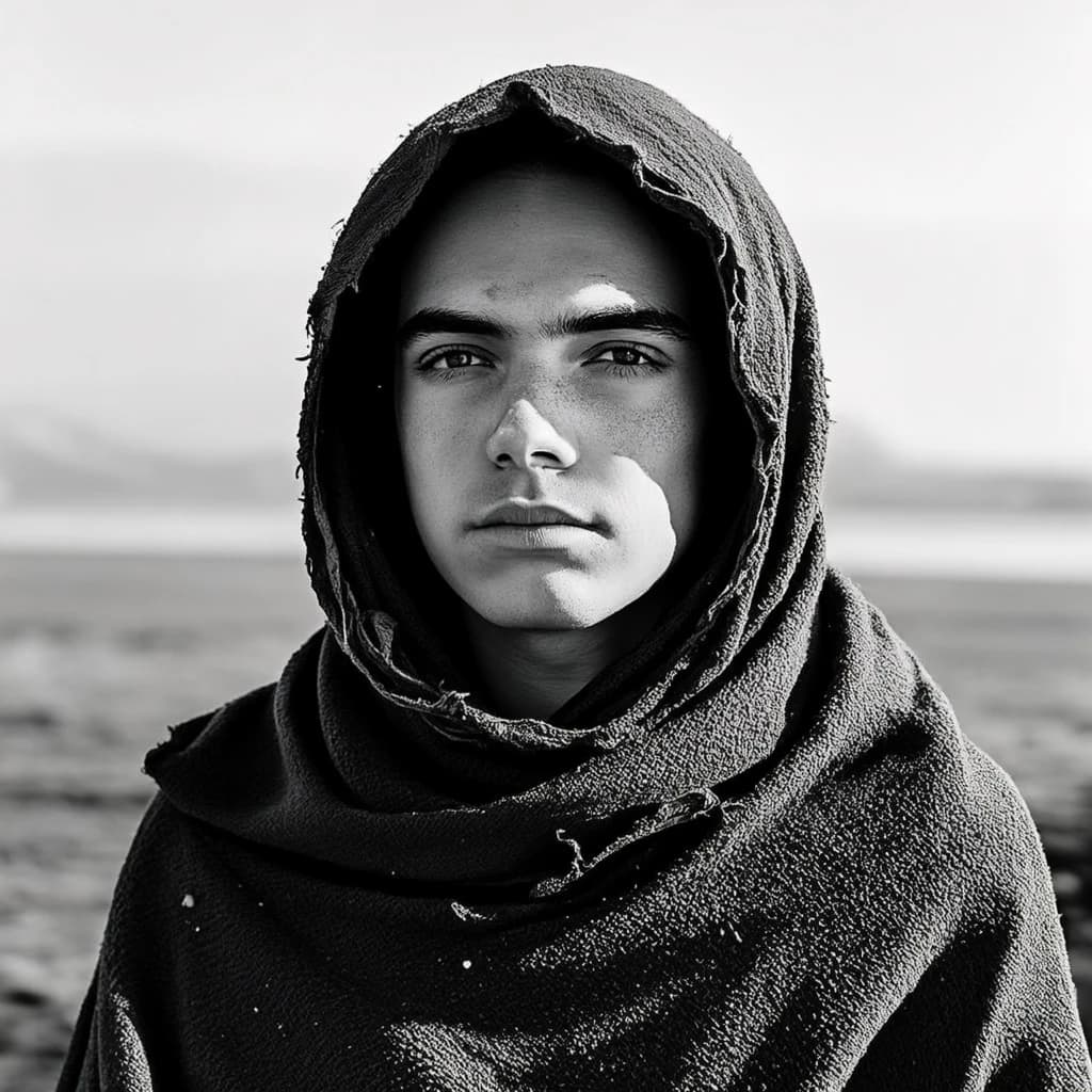 A dramatic black-and-white portrait of a young person draped in a hooded garment, their face framed by the hood's dark folds. Their skin tone and the subtle sheen on their cheeks create striking tonal contrast against the deep shadows. Their eyes are piercing, looking directly into the lens with a calm, steady intensity—neither confrontational nor submissive, but deeply present. The texture of the fabric is visible: it's dense, slightly weathered, and whisper-thin creases catch the light. In the background, an expansive, out-of-focus landscape suggests open space—perhaps distant plains or water—though the details remain soft and abstract. The overall mood is silent yet powerful, poised between vulnerability and resilience, with every highlight and shadow telling part of their story.