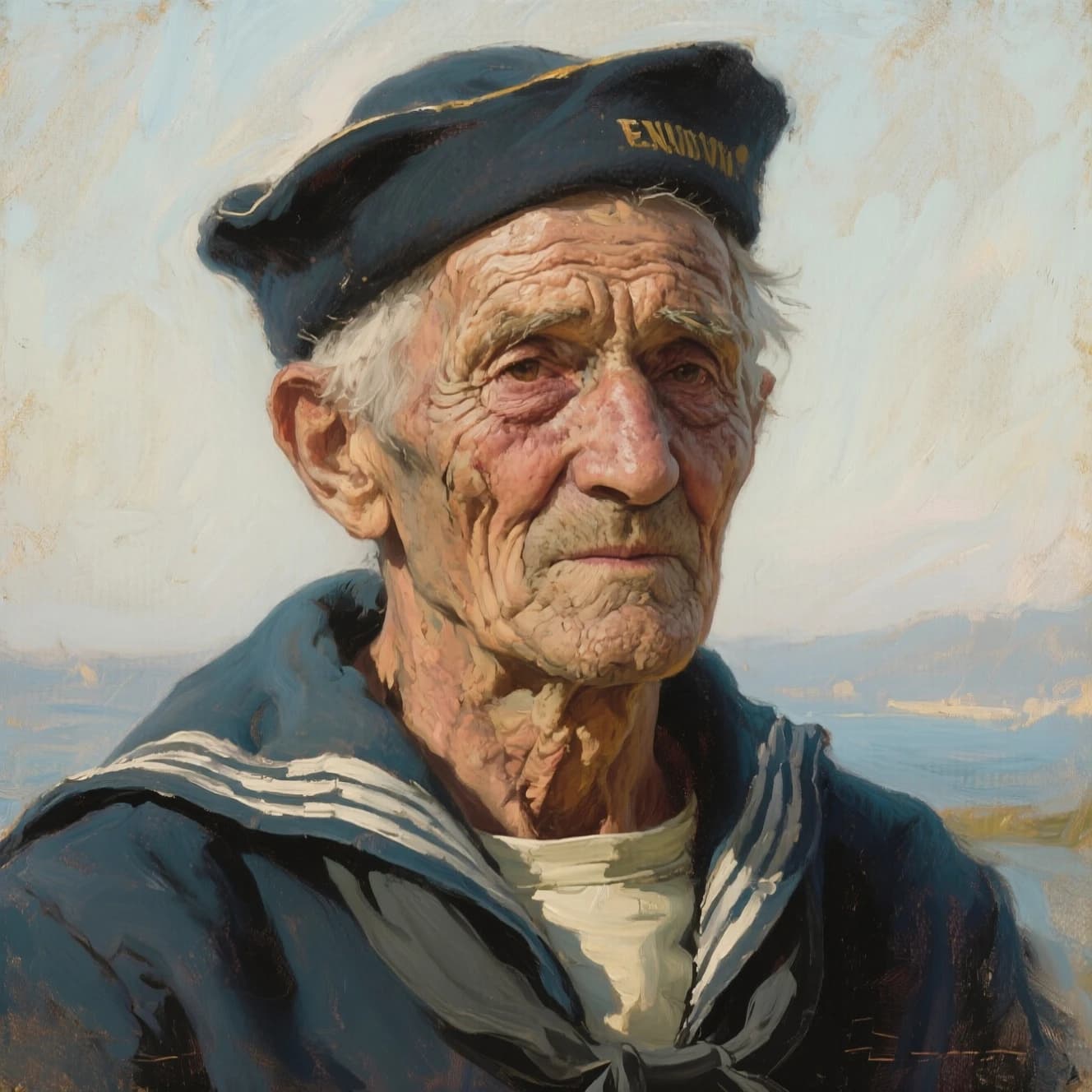 Oil on canvas portrait of an elderly sailor, weathered face, soft light.