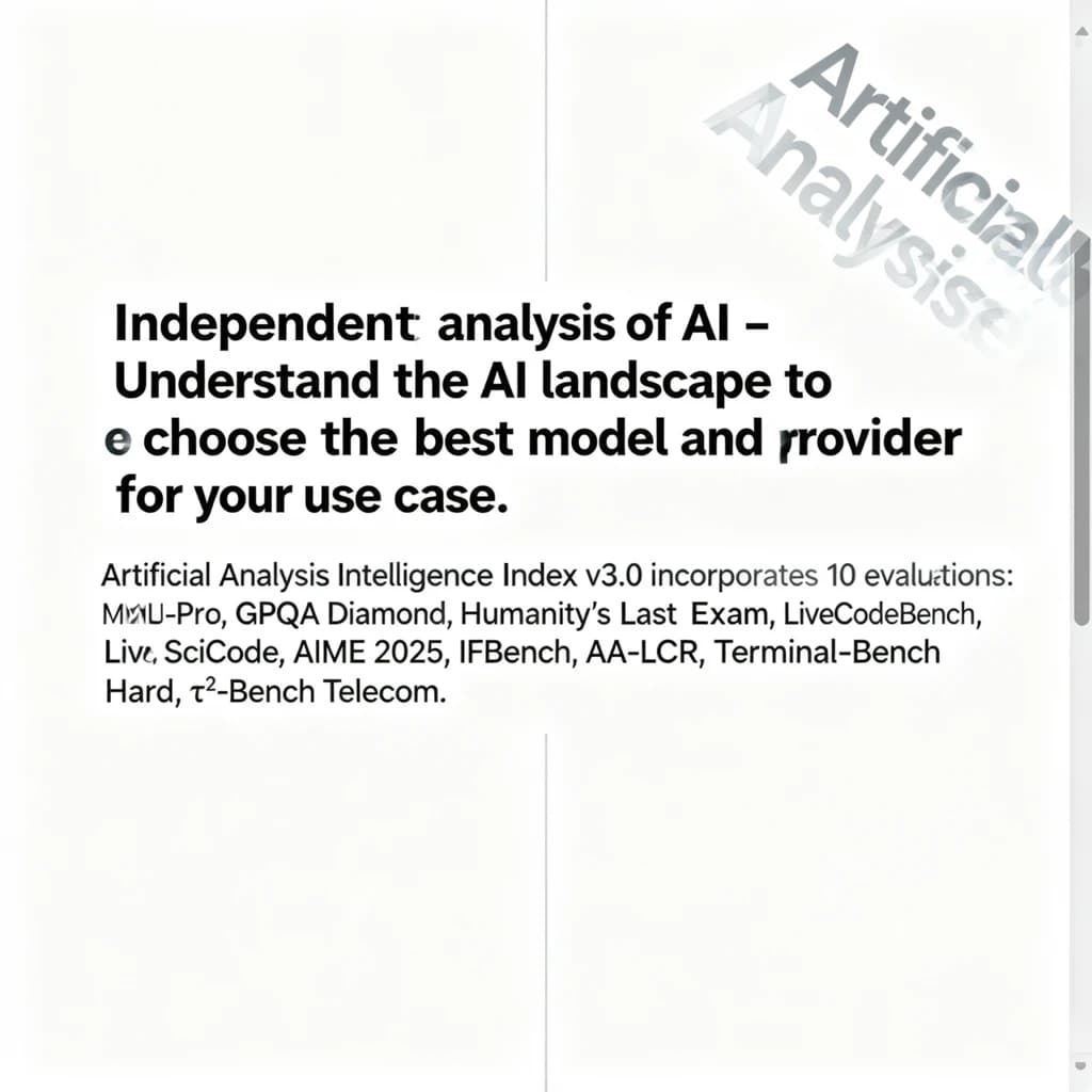 On a white dashboard with thin gray dividers, place a centered header in Helvetica Neue Bold, 20pt: “Independent analysis of AI - Understand the AI landscape to choose the best model and provider for your use case.” Directly beneath, a subheader in smaller Regular weight, 14pt: “Artificial Analysis Intelligence Index v3.0 incorporates 10 evaluations: MMLU-Pro, GPQA Diamond, Humanity's Last Exam, LiveCodeBench, SciCode, AIME 2025, IFBench, AA-LCR, Terminal-Bench Hard, 𝜏²-Bench Telecom.” The header is fully justified but the subheader is left-aligned. In the upper right corner, the Artificial Analysis logo appears watermarked, diagonal, faint gray, partially overlapping the scrollbar.