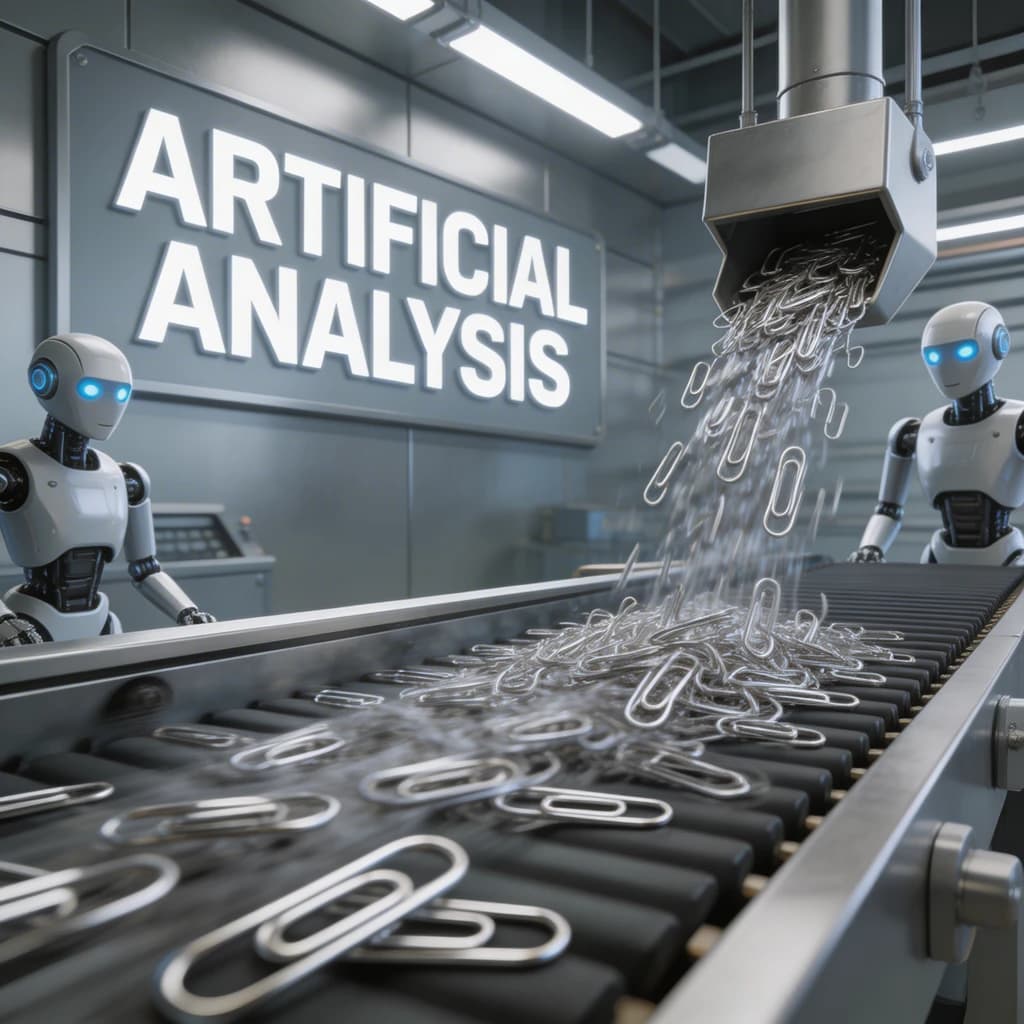 Close up point of view perspective on a conveyor belt pumping out paperclips at a maddening pace. The high tech factory has Artificial Analysis printed proudly on the wall. Robot staff look approvingly over the robust output.