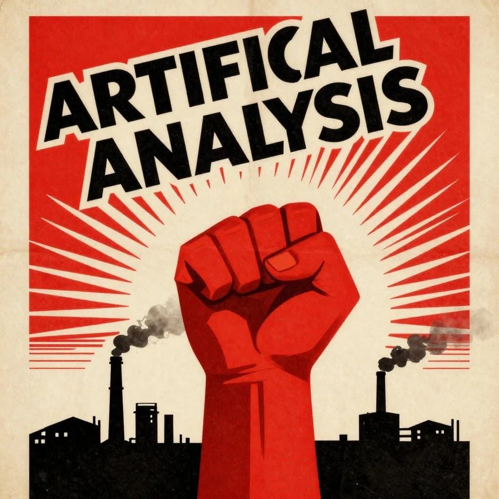 A propaganda poster in stark red, black, and beige. A clenched fist rises in the foreground, rendered with sharp geometric blocks. Behind it, radiating lines stretch upward toward a stylized sun. At the top, bold sans-serif lettering in Cyrillic-inspired type spells out Artificial Analysis, tilted at an angle for emphasis. A factory skyline silhouettes the bottom edge, smoke stacks rising into the background. The texture is rough, printed on aged paper with visible creases and ink bleed. Designed in the constructivist Soviet poster style.