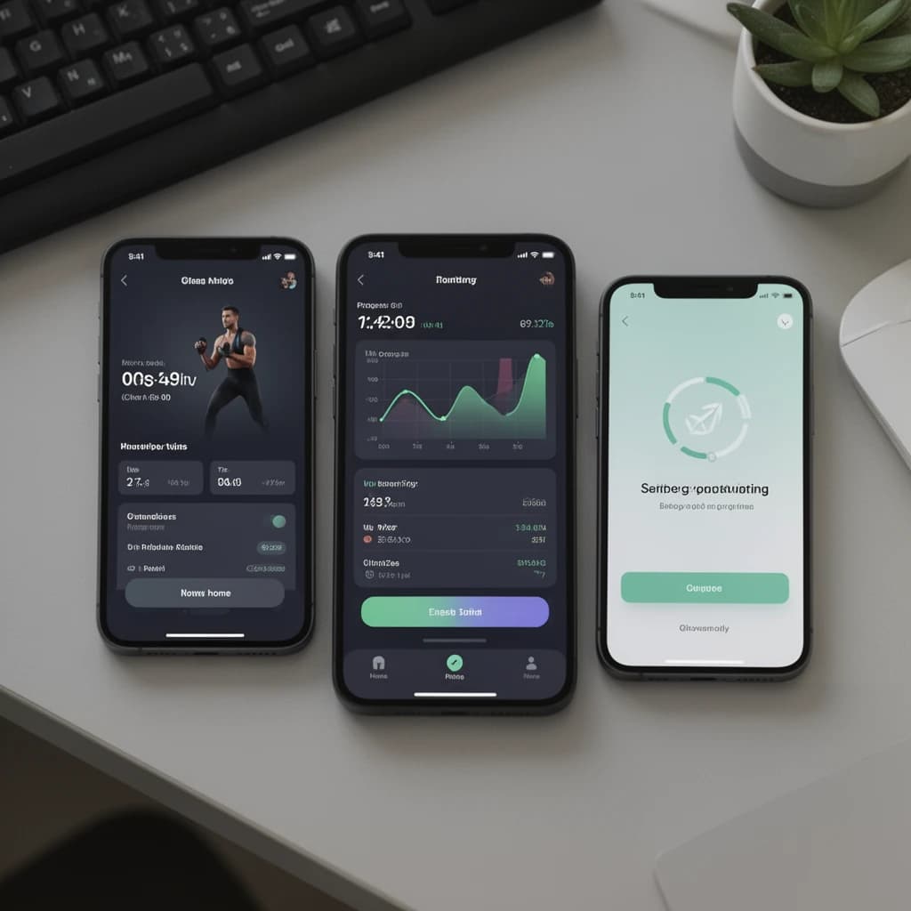 Sleek mobile fitness app screens on a desk: dark mode home, progress dashboard, simple onboarding, clear 8 pt grid, slightly oversized buttons for thumb reach, muted colors.