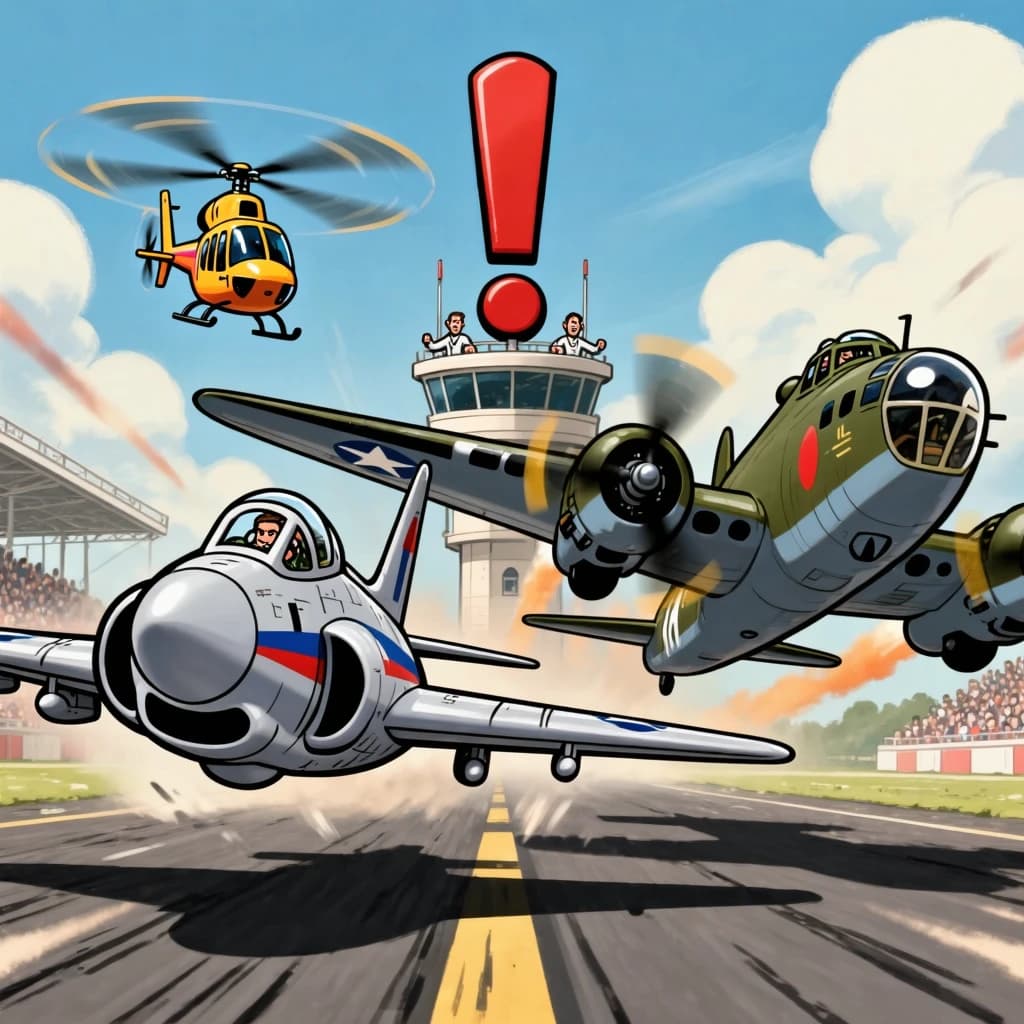 Almost at the runway, Fred the Fighter Jet is racing with Barry the Bomber to see who lands first. Fred has a mischievous trick up his sleeve but Hermione the Helicopter is going to stop him before he gets the chance. The control tower is very angry and has a big exclamation mark. Hand drawn cel look