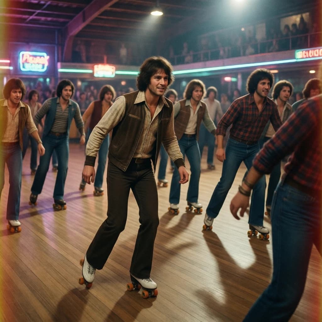 A 1970s roller rink crowd skates under neon, with a bit of fade and film grain.