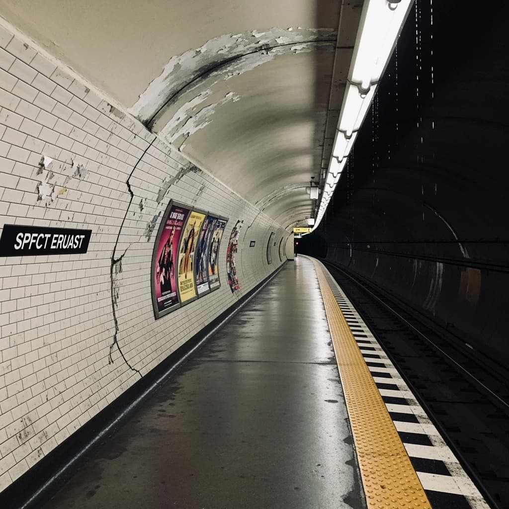 A subterranean subway platform with glossy tiles, peeling posters, flickering fluorescent lights, yellow safety line, and a distant train coming; slightly damp, echoes carry.