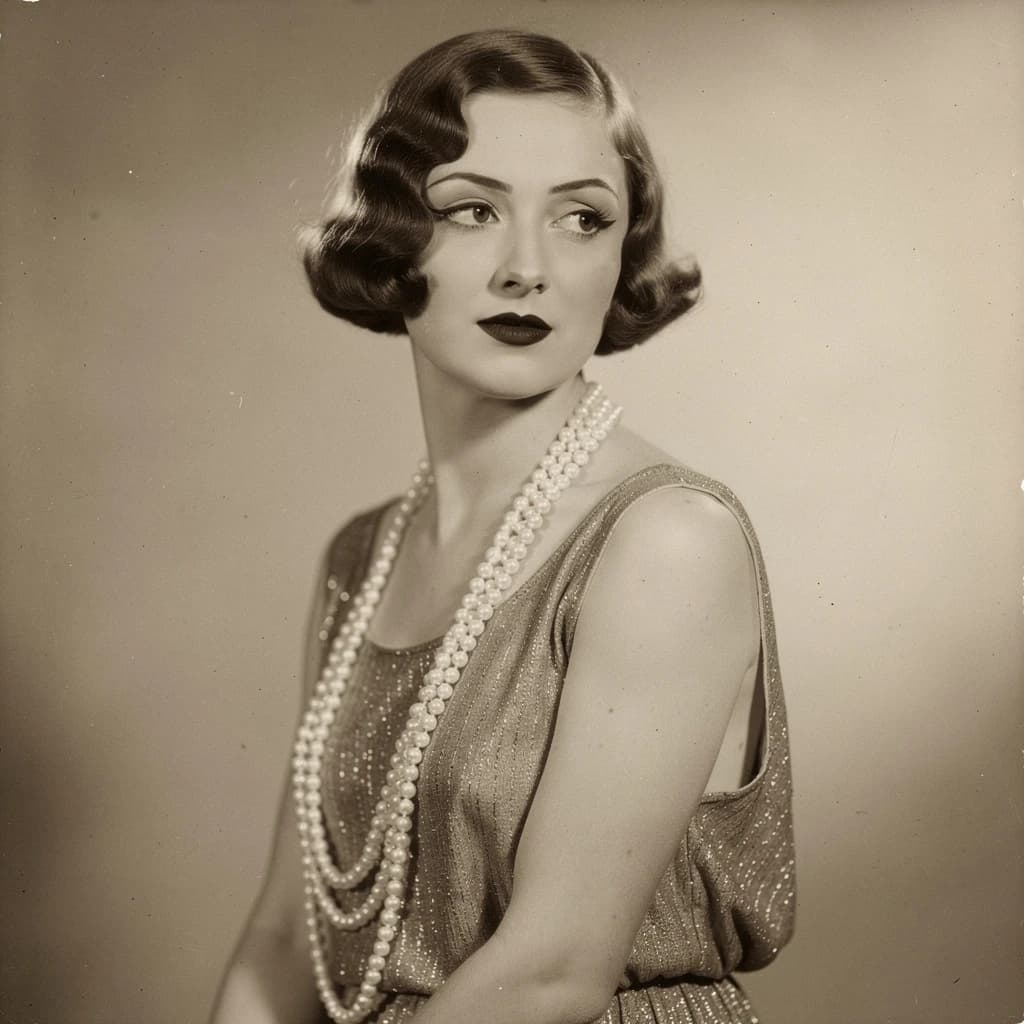 Sepia-toned studio portrait of a flapper with pearl necklace, soft grain.