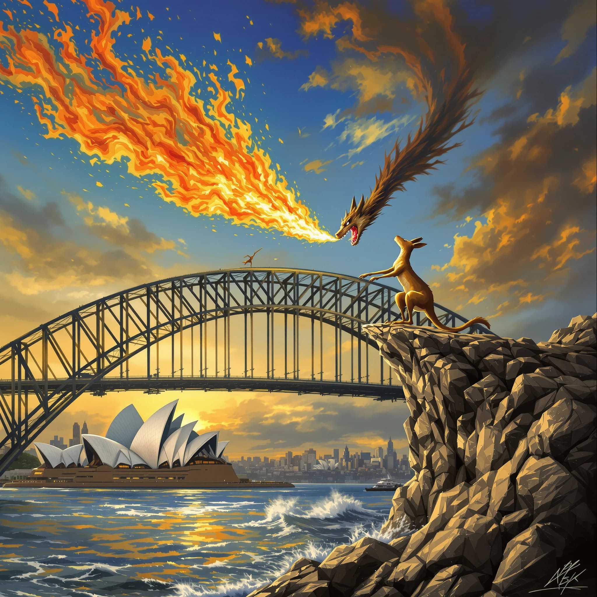 A dragon breathes fire at a kangaroo that is running away by climbing over the top of the Sydney Harbour Bridge. Opera House visible in the background.