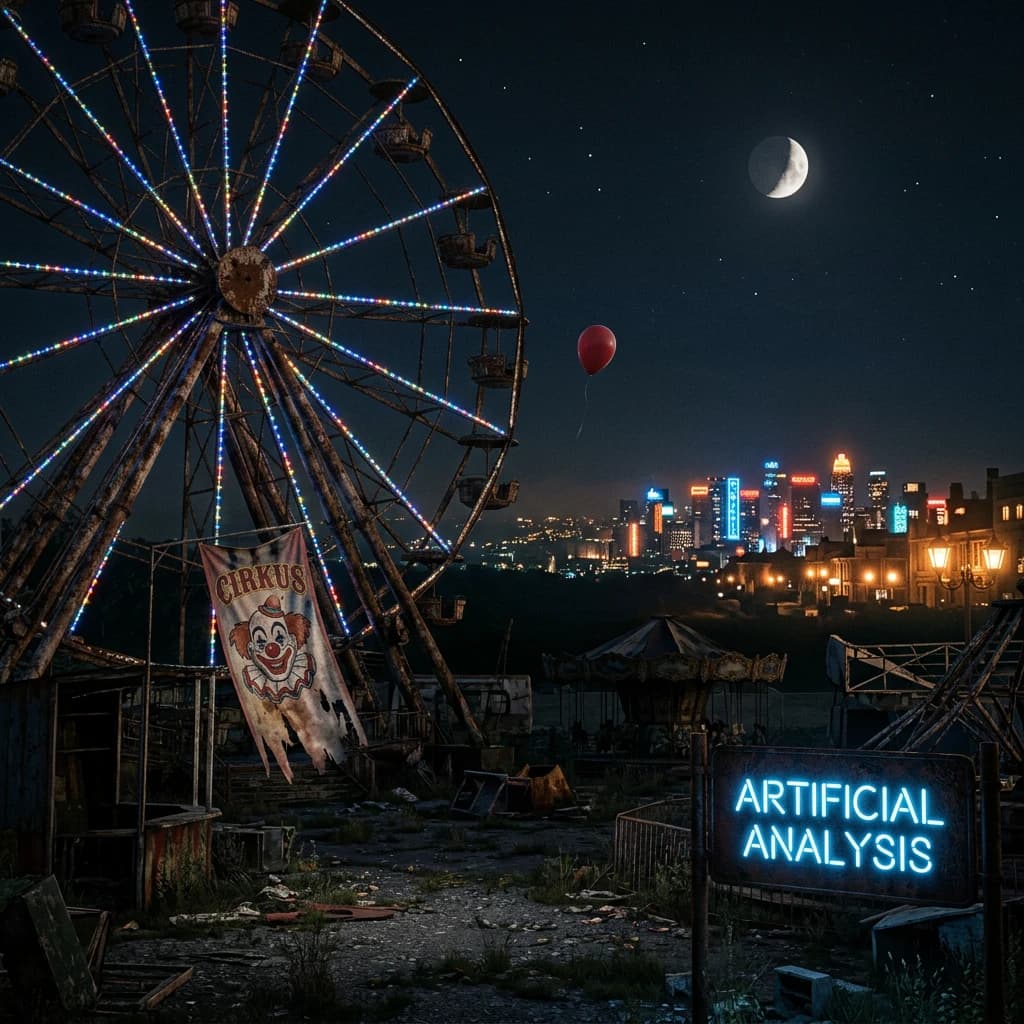 A deserted amusement park glows faintly under a half-moon. The ferris wheel is rusting yet strung with fresh, blinking LED lights. A torn clown banner flaps in a windless air. A lone balloon floats upward, tethered to nothing, while in the far distance city lights flicker on - some neon, some gas lamps as though from another century. 'Artificial Analysis' glows in neon