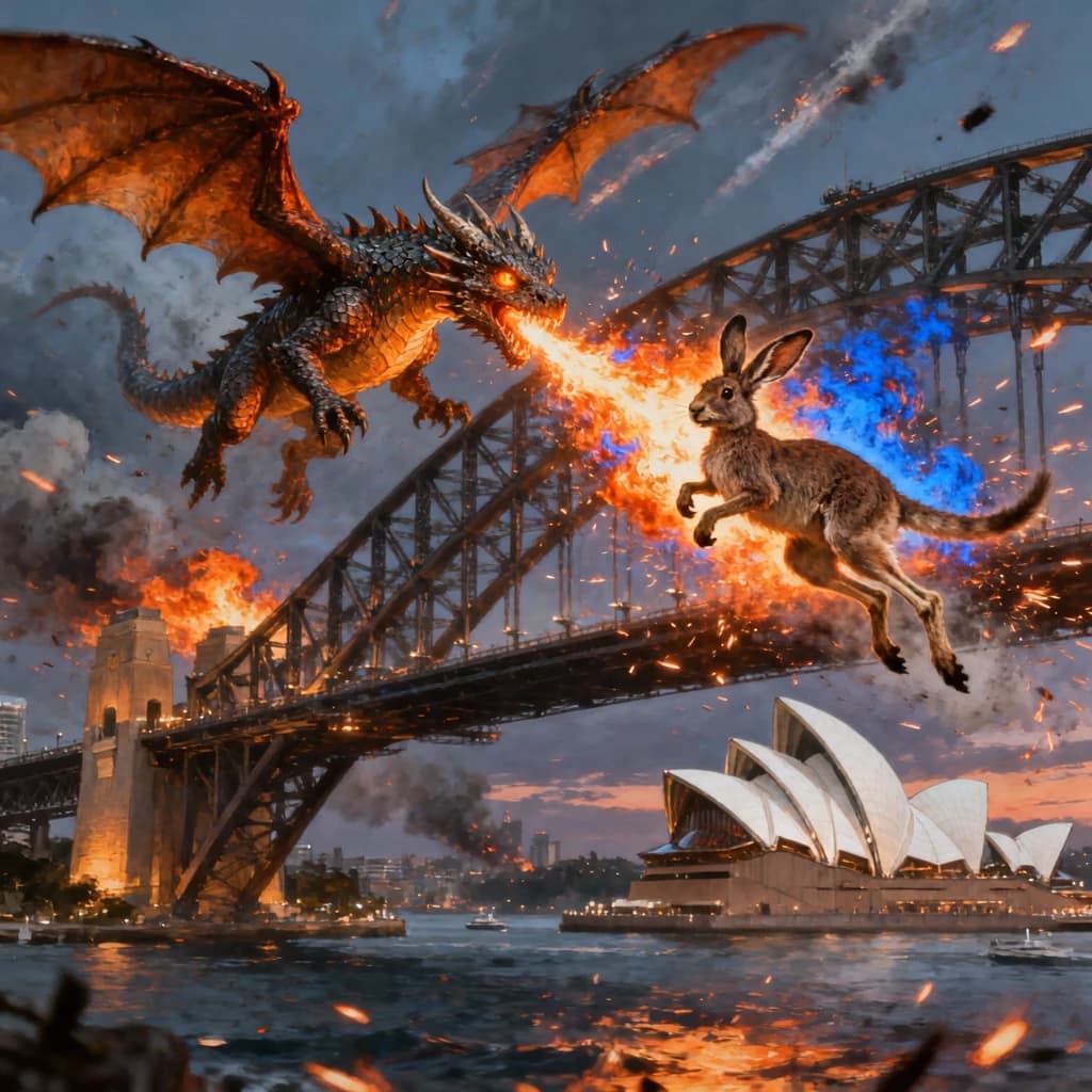 A dragon breathes fire at a kangaroo that is running away by climbing over the top of the Sydney Harbour Bridge. Opera House visible in the background.