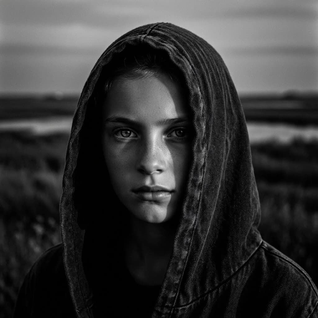 A dramatic black-and-white portrait of a young person draped in a hooded garment, their face framed by the hood's dark folds. Their skin tone and the subtle sheen on their cheeks create striking tonal contrast against the deep shadows. Their eyes are piercing, looking directly into the lens with a calm, steady intensity—neither confrontational nor submissive, but deeply present. The texture of the fabric is visible: it's dense, slightly weathered, and whisper-thin creases catch the light. In the background, an expansive, out-of-focus landscape suggests open space—perhaps distant plains or water—though the details remain soft and abstract. The overall mood is silent yet powerful, poised between vulnerability and resilience, with every highlight and shadow telling part of their story.