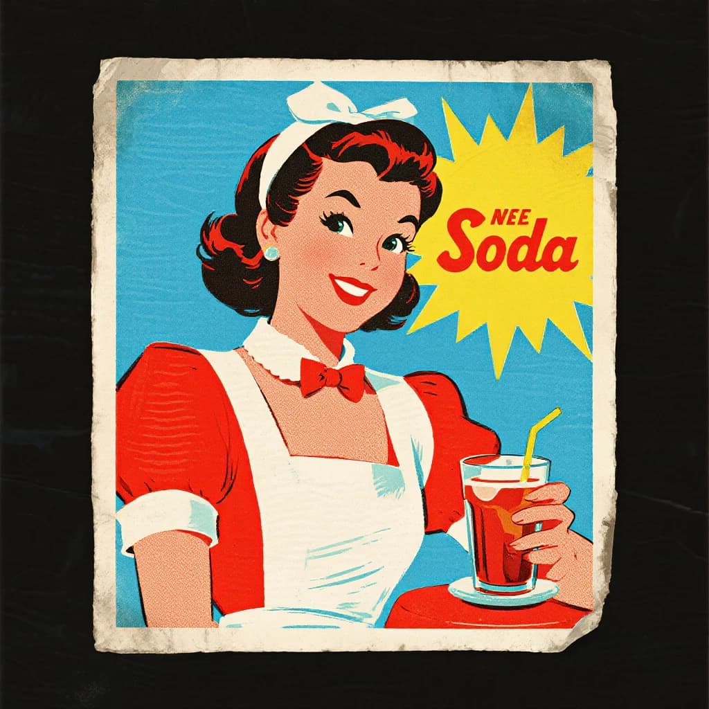 Mid-century soda ad, smiling waitress, halftone sunburst, a bit of faded paper.