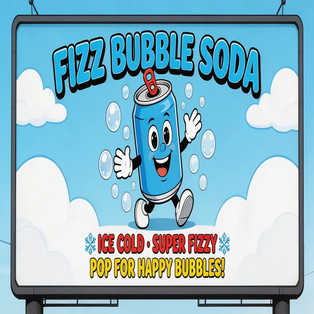 Design a bright soda billboard ad with a bubbly can mascot, thick inky lines.