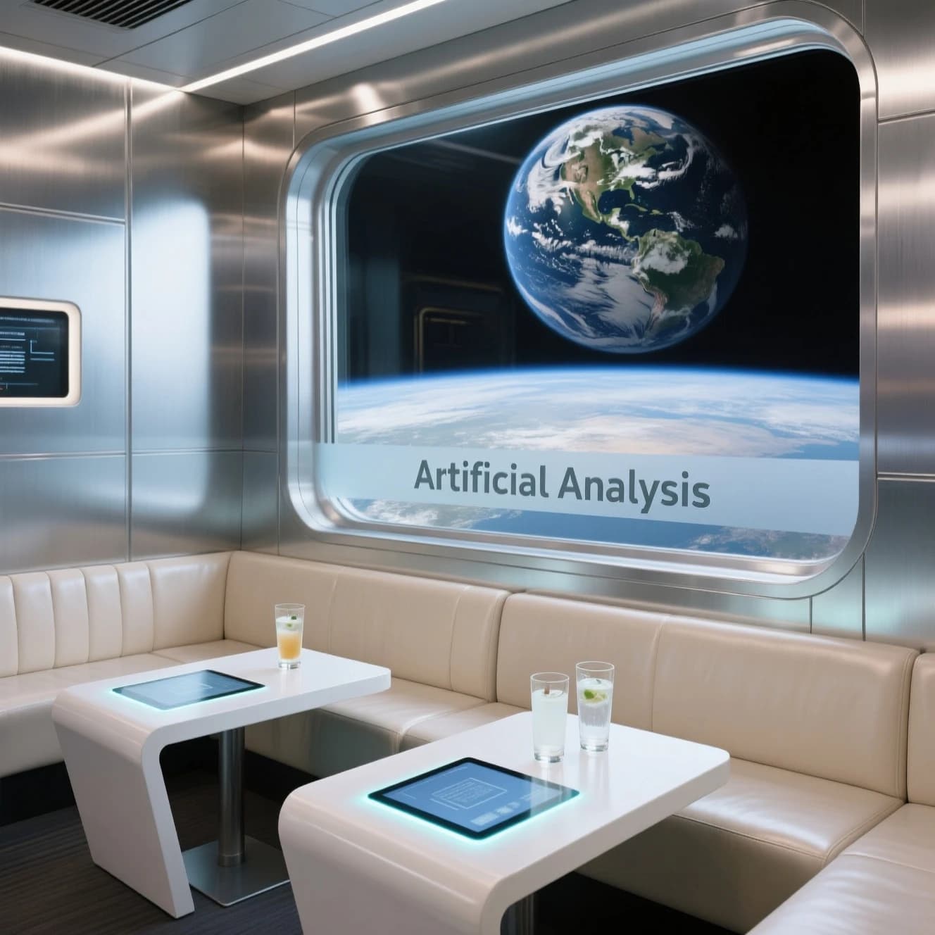 The orbital lounge has brushed aluminum walls and pale leather banquettes. Low white tables are inset with glowing touchscreens. Drinks are clear, flavorless, in tall unmarked glasses. The viewport is floor-to-ceiling, showing Earth moving slowly beneath. The word Artificial Analysis is etched discreetly on the glass in a frosted band.