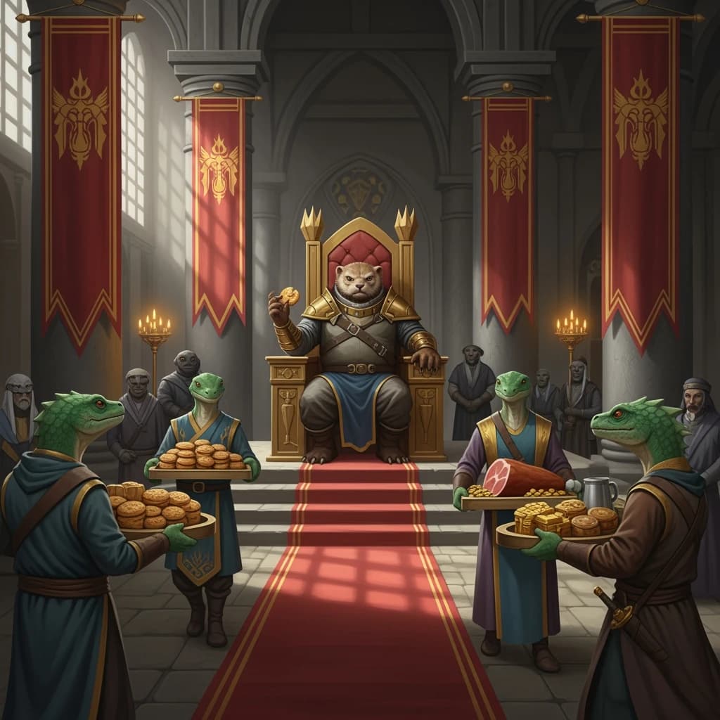 Big Weasel, the tyrannical ruler of the Levitus, slouches on his throne, his mood foul but somewhat brightened by the sight of gifts - a wearisome group of lizard traders adorned in fine silks proceed toward him through the hall with their annual tribute of biscuits, ham and gold - Big Weasel's favourites. Big Weasel's entourage looks on with stern approval.