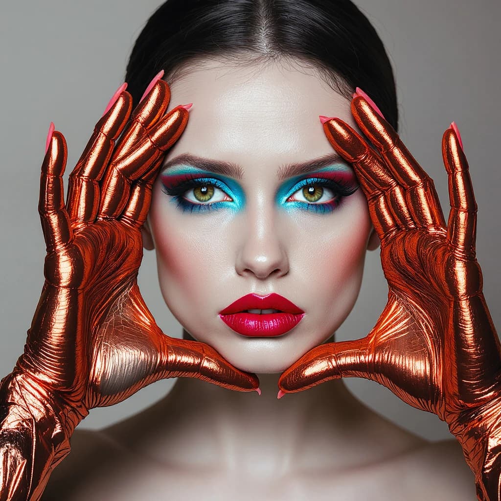 A striking close-up portrait of a woman with cracked metallic copper-painted hands framing her face. Her vivid blue and red eye makeup contrasts sharply with the smooth, pale skin and muted background, creating a bold, surreal composition. She displays an air of uncertainty about her