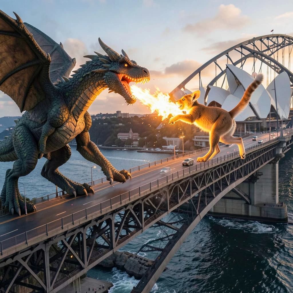 A dragon breathes fire at a kangaroo that is running away by climbing over the top of the Sydney Harbour Bridge. Opera House visible in the background.