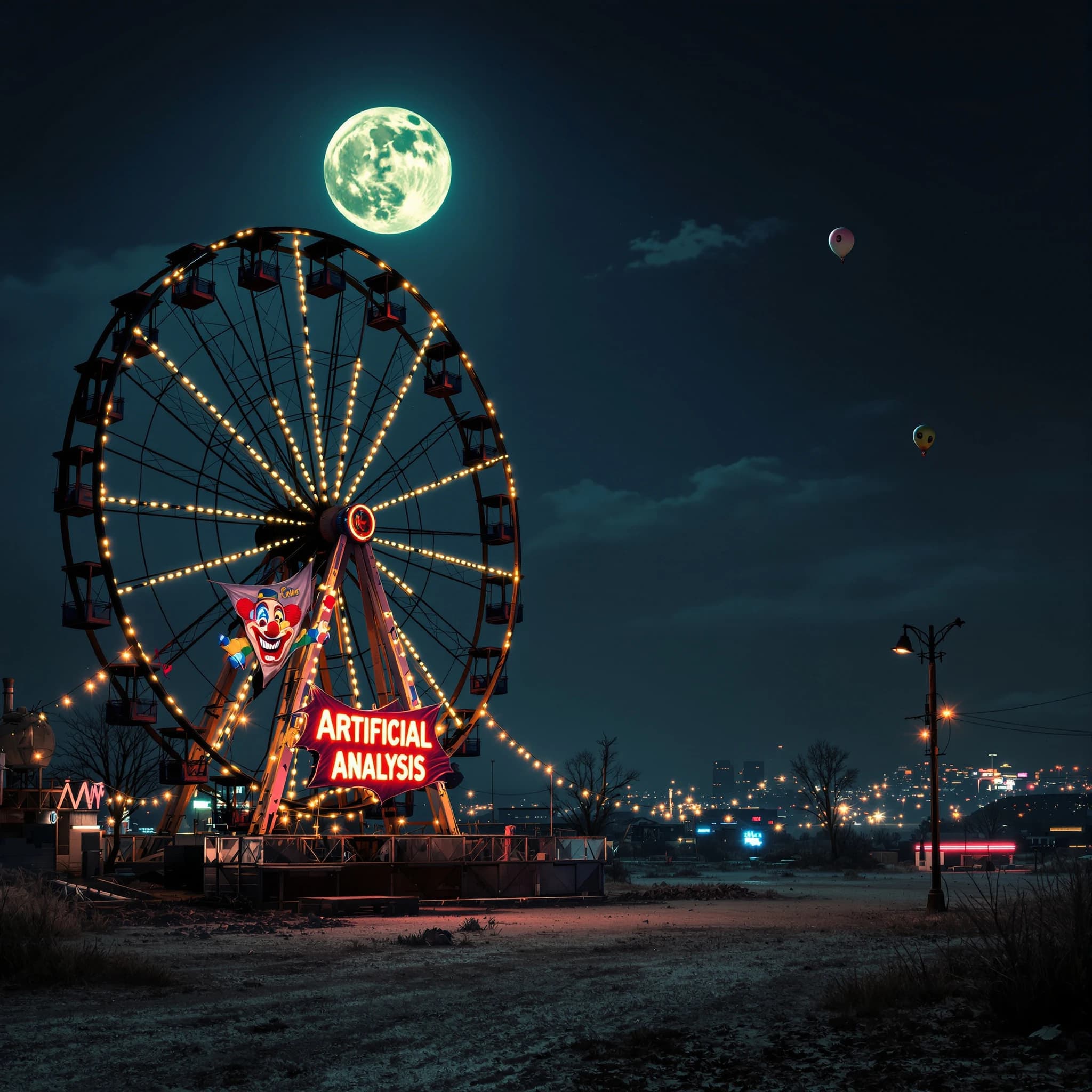 A deserted amusement park glows faintly under a half-moon. The ferris wheel is rusting yet strung with fresh, blinking LED lights. A torn clown banner flaps in a windless air. A lone balloon floats upward, tethered to nothing, while in the far distance city lights flicker on - some neon, some gas lamps as though from another century. 'Artificial Analysis' glows in neon