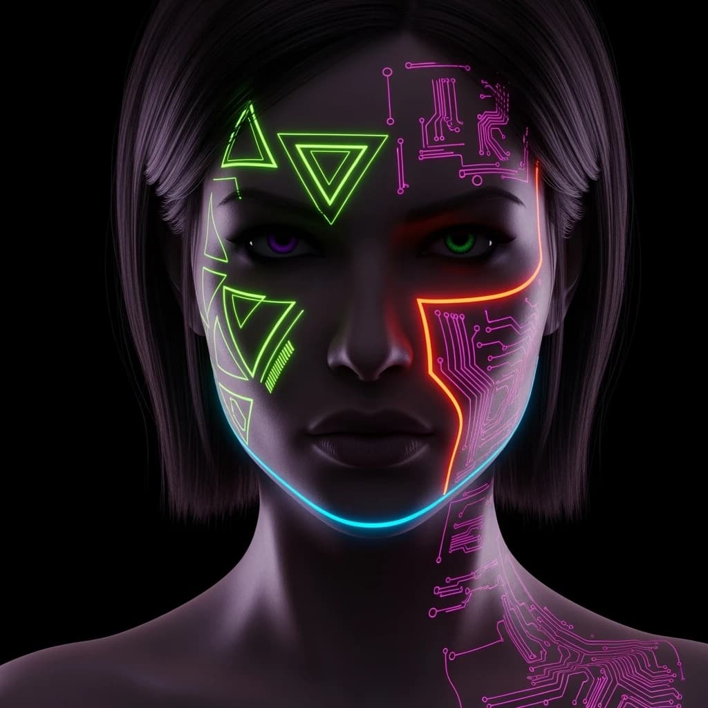 Render a stark 3D portrait of a stern woman, neon accents and vector overlays.