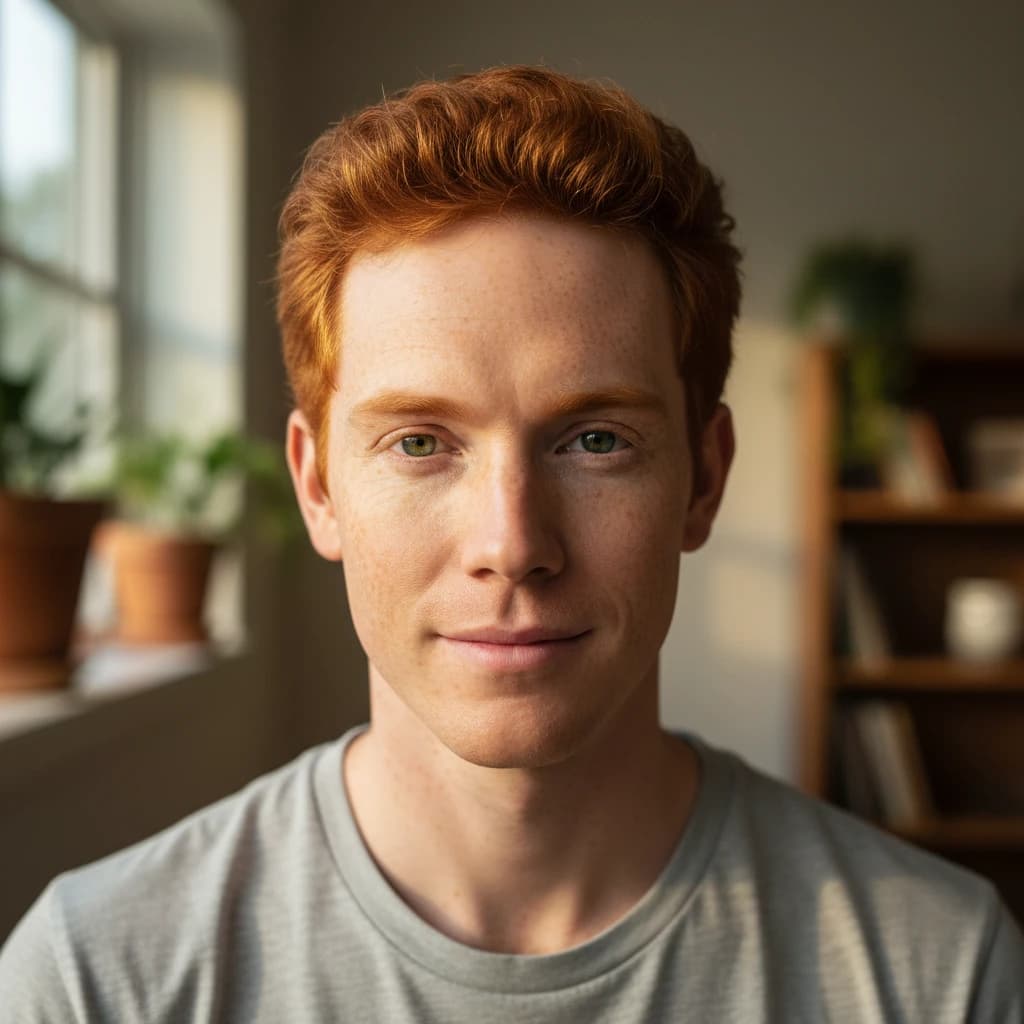Shoot a natural light headshot of a red-haired man with freckles, green eyes.