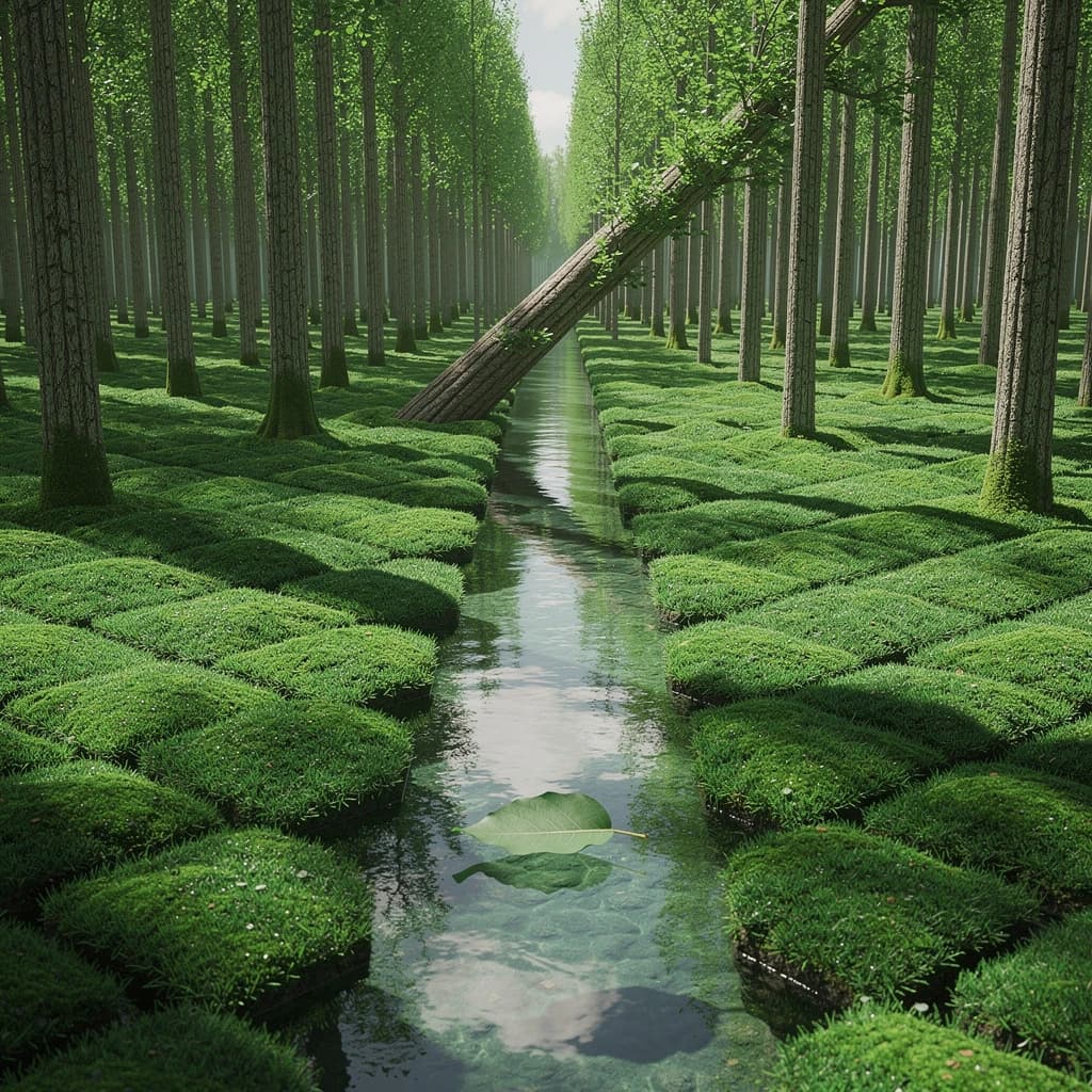 The forest is saturated green, trees identical in height and width, trunks straight, bark texture repeating. One trunk leans diagonally yet the branches remain vertical. The moss is emerald, glistening, though each patch forms identical diamond shapes. A stream runs straight, perfectly linear, water clear, reflecting clouds not visible in the sky. No animals, no insects, but one leaf floats on the water, doubled, showing two overlapping shadows.