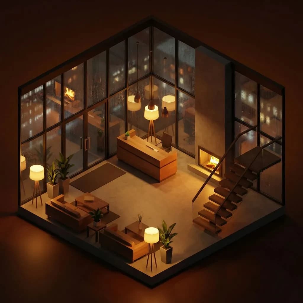 Isometric 3D lobby, glass walls, warm lights, slightly moody, soft shadows.