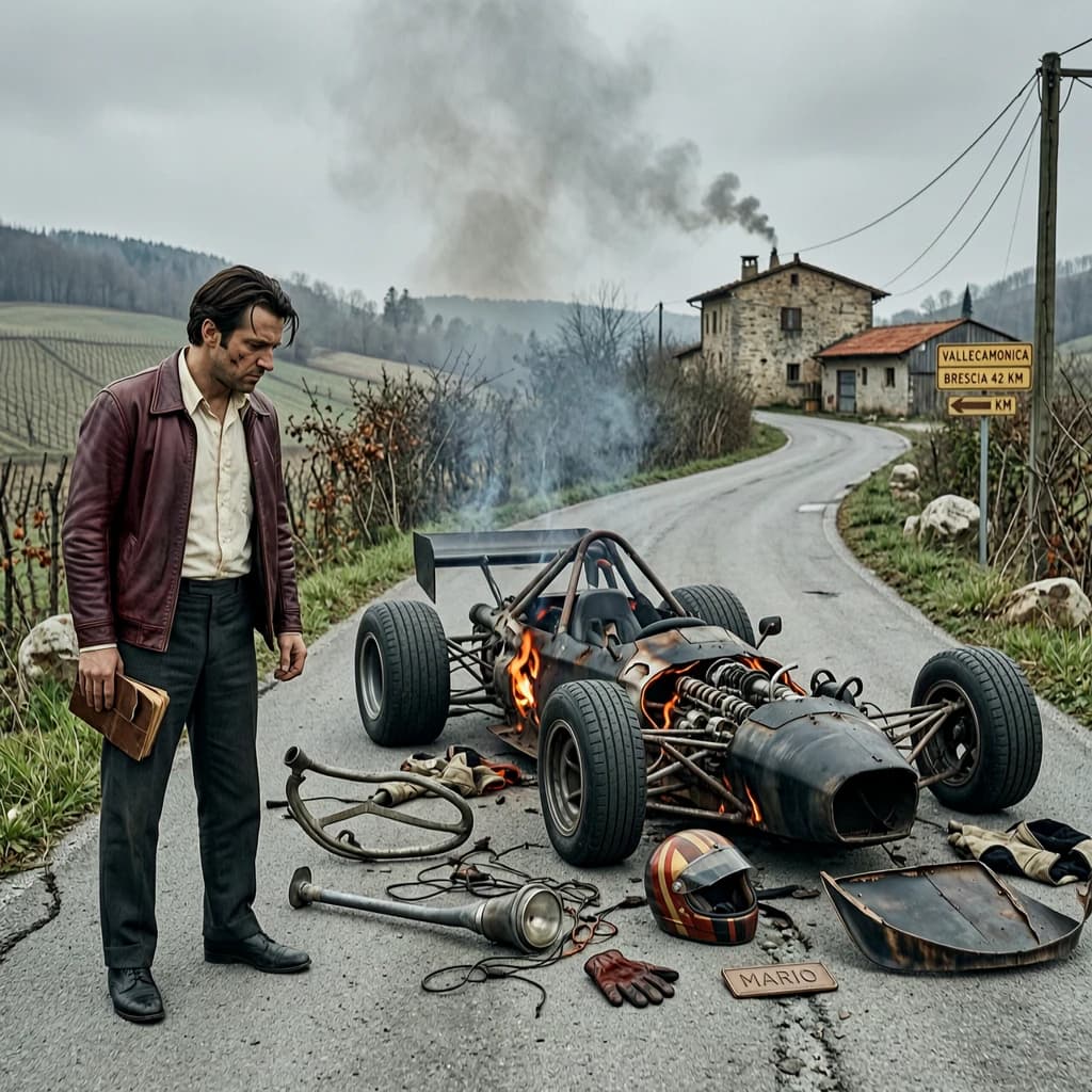 Mario examines the still smouldering wreck of the crash that took his best driver on the side of the country road. He designed this car and caused this. 3 days have passed since the crash. It's 1973 in Northern Italy.