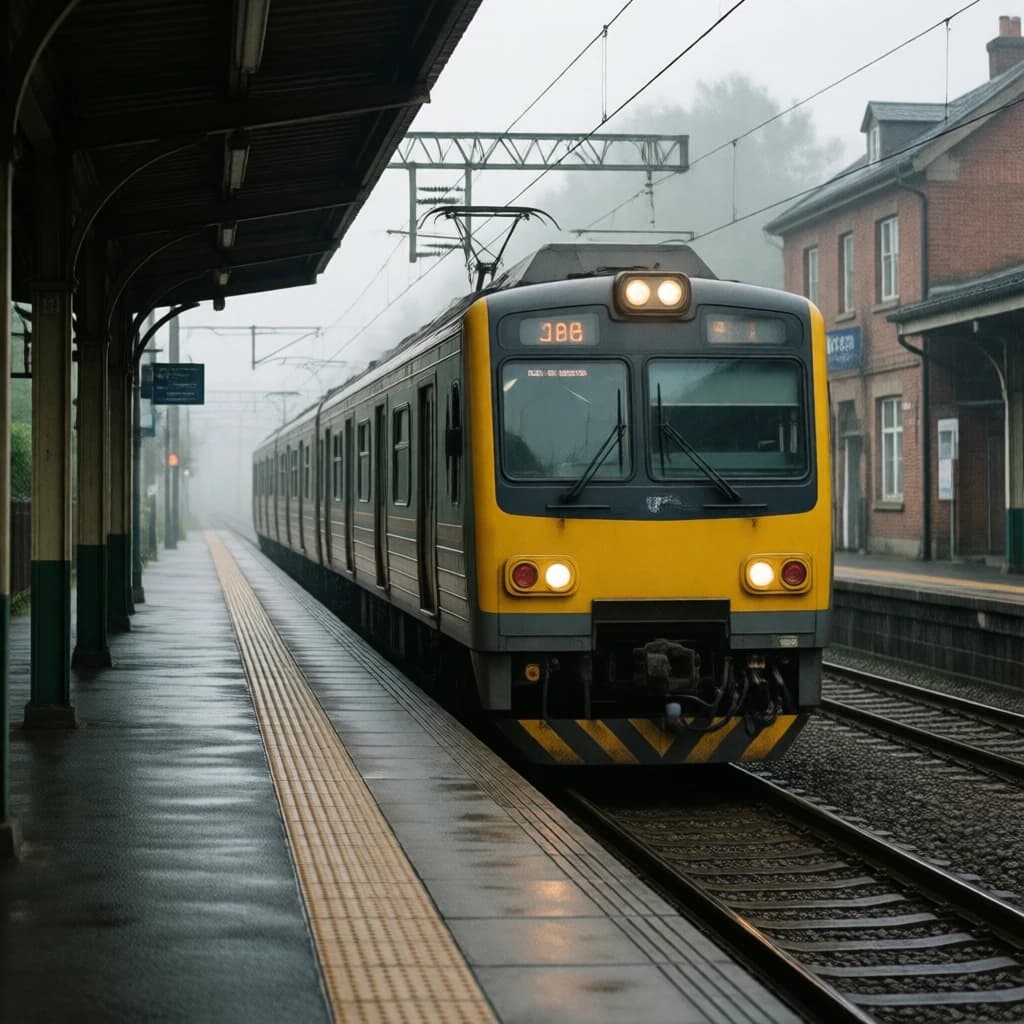 A commuter train enters a foggy little station.