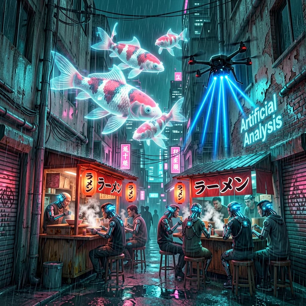 A neon alley in Neo-Tokyo 2142 drips with rain Cybernetic patrons slurp ramen at a stall with their glowing implants humming with blue light. Three giant holographic koi hover 10 metres above the ground and swim across the skyline, one has clipped into a building. A six-prop drone hovers nearby, projecting "Artificial Analysis" onto a wall with blue laser beams visible