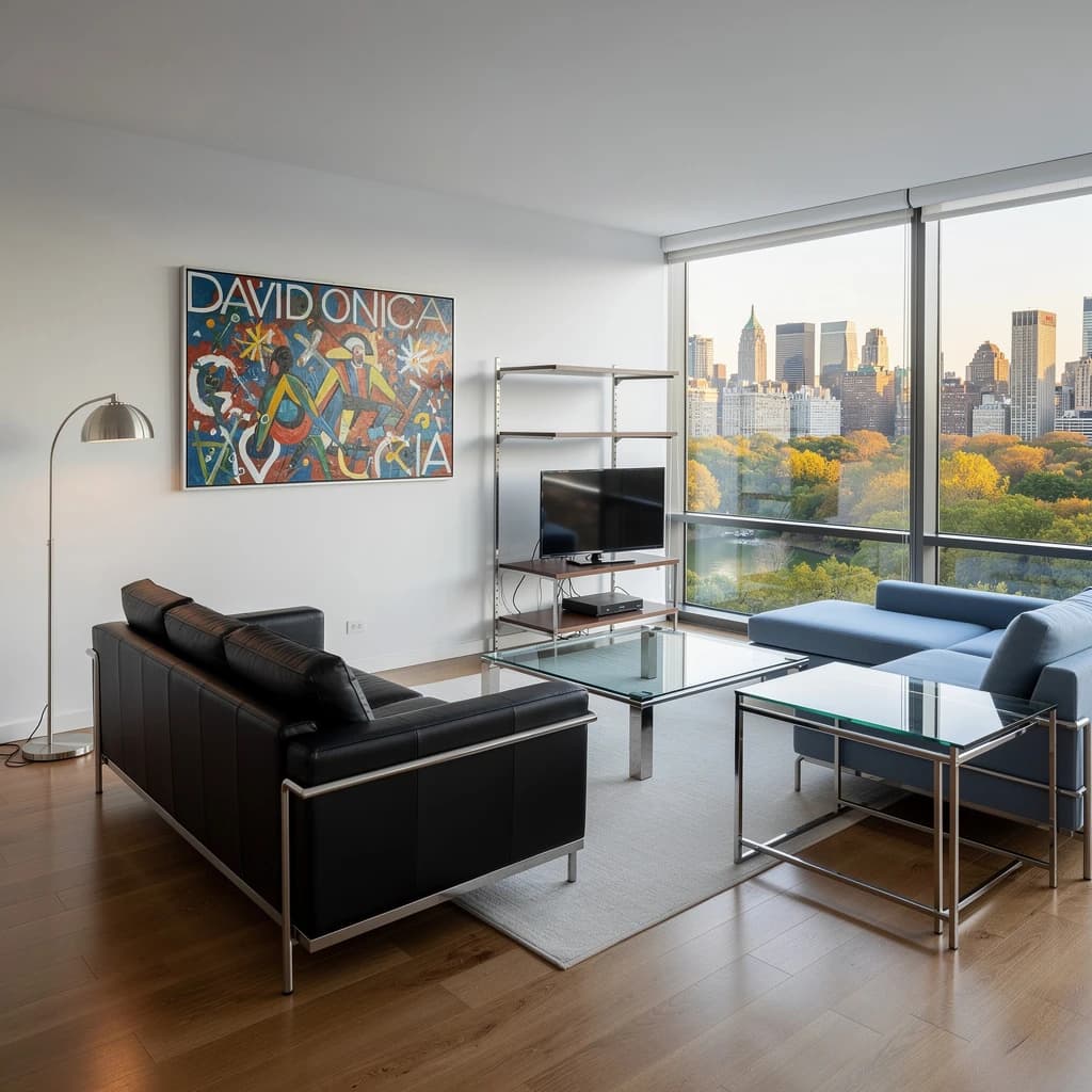 My apartment overlooks Central Park. It’s very luxurious, very expensive, and the furniture is minimal — a black leather couch, a glass coffee table with chrome legs, an Arne Jacobsen floor lamp. A big-screen television set rests on a steel shelving unit. A David Onica painting hangs above the couch. There’s a stainless steel and glass cocktail table. A powder-blue sofa. A thirty-inch digital TV.