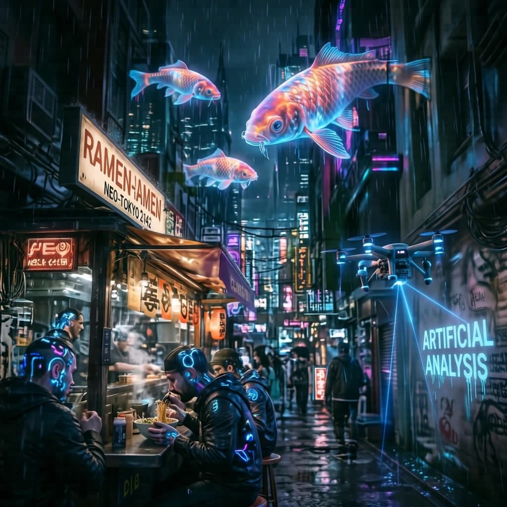 A neon alley in Neo-Tokyo 2142 drips with rain Cybernetic patrons slurp ramen at a stall with their glowing implants humming with blue light. Three giant holographic koi hover 10 metres above the ground and swim across the skyline, one has clipped into a building. A six-prop drone hovers nearby, projecting "Artificial Analysis" onto a wall with blue laser beams visible