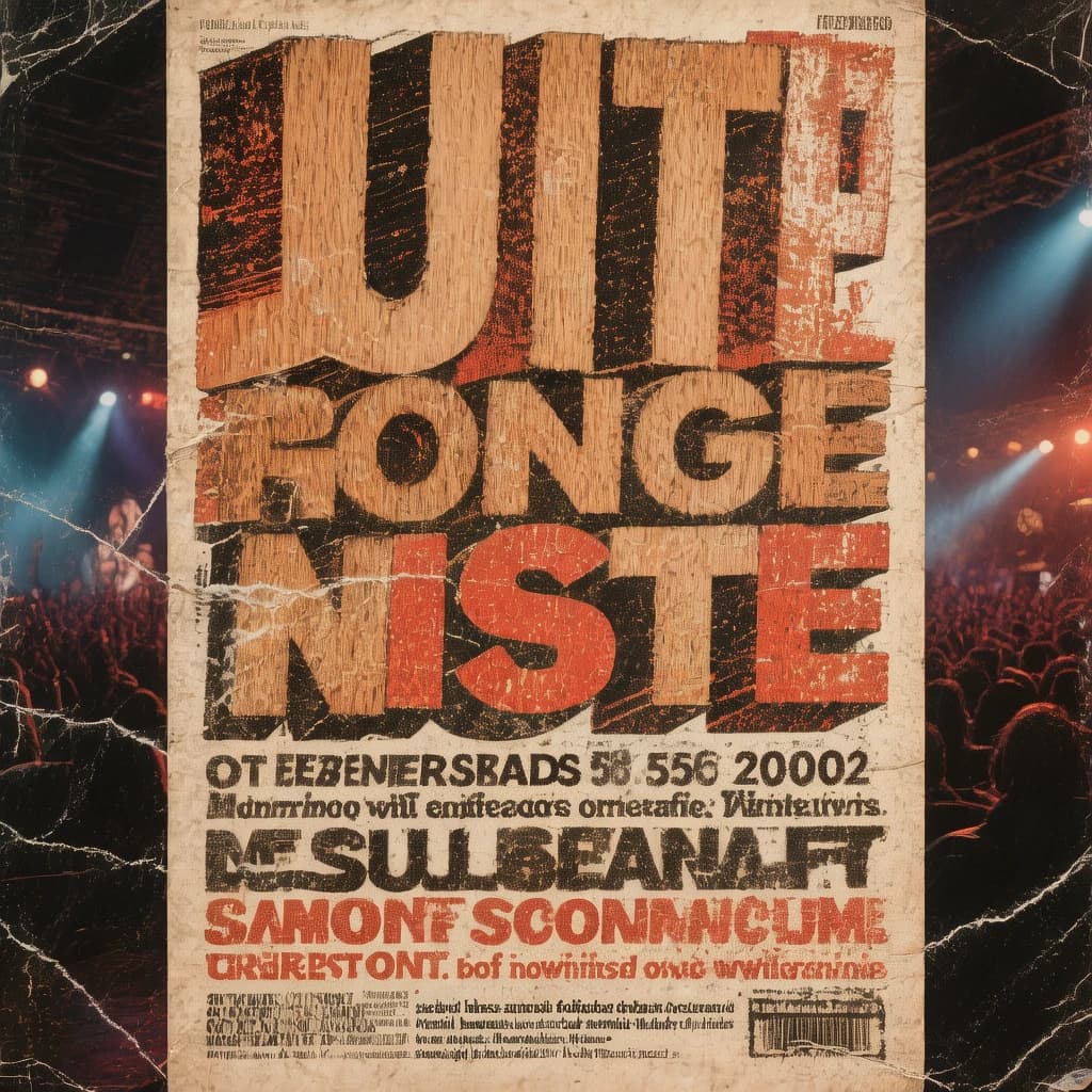 Make a 1960s concert poster featuring bold wood type, misaligned ink, creases.