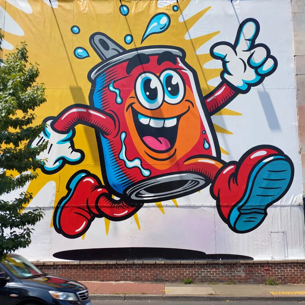 Design a bright soda billboard ad with a bubbly can mascot, thick inky lines.