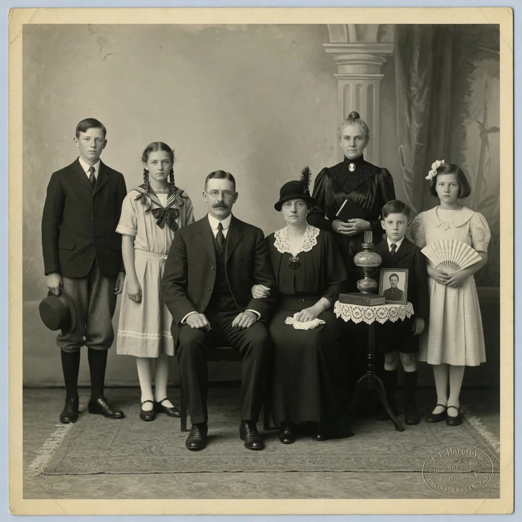 Everybody holds still and nobody smiles for the family portrait. It's 1928 in Kansas