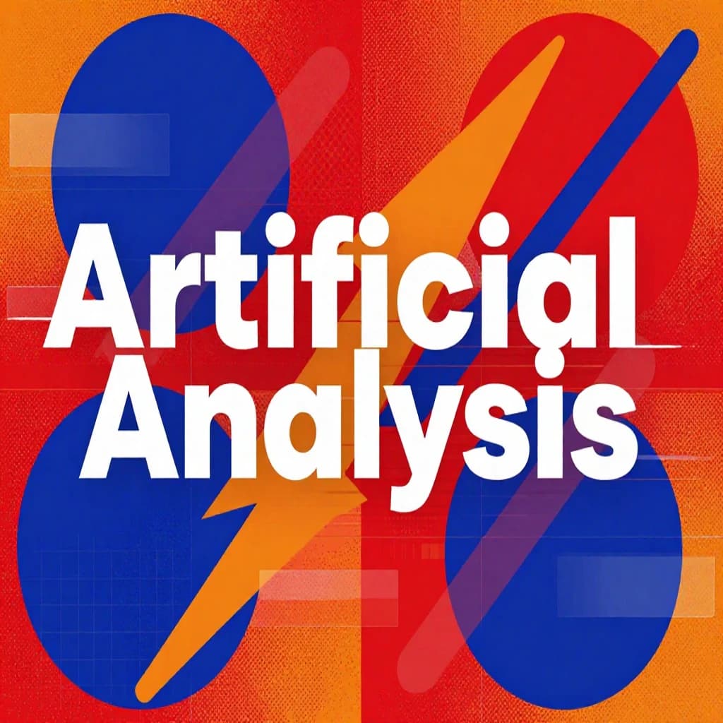 A bold poster composition dominated by flat geometric shapes in crimson, cobalt, and ochre. Overlapping circles and sharp diagonal lines create dynamic tension across the frame. A single sans-serif word — Artificial Analysis — stretches across the center in stark white, distorted slightly as though caught mid-glitch. The background is textured with halftone dots and faint grid lines, while subtle overlays of translucent rectangles suggest depth. Designed in the spirit of modernist Swiss typography fused with digital glitch aesthetics.