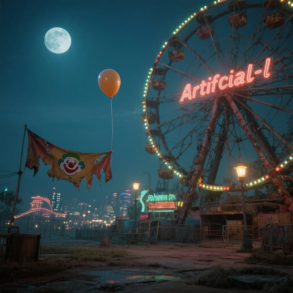 A deserted amusement park glows faintly under a half-moon. The ferris wheel is rusting yet strung with fresh, blinking LED lights. A torn clown banner flaps in a windless air. A lone balloon floats upward, tethered to nothing, while in the far distance city lights flicker on - some neon, some gas lamps as though from another century. 'Artificial Analysis' glows in neon